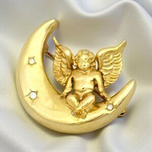 Givenchy Gold Tone Crescent Moon & Cherub Angel Brooch w/Rhinestones Signed